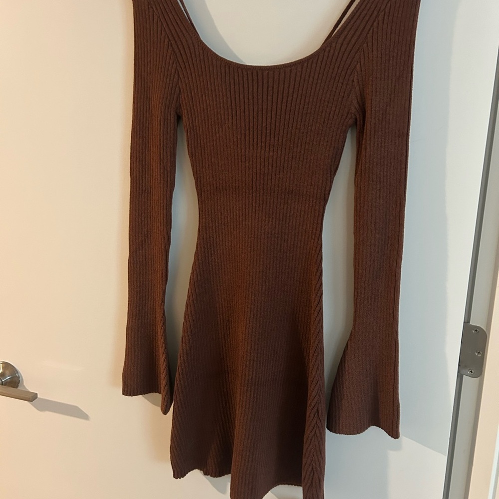 Princess Polly Chocolate Brown Ribbed Long-Sleeve Knit Dress